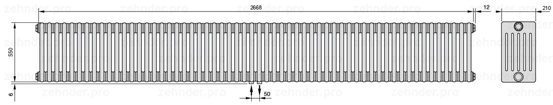 Схема (чертеж) Радиатор Zehnder Charleston 6055/58 №3470 Белый глянцевый RAL 9016